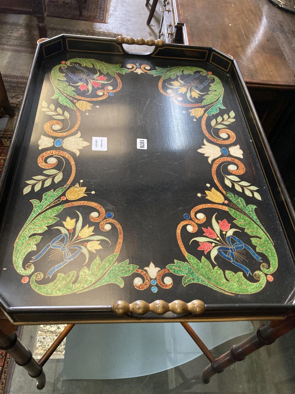 A Julian Chichester painted tray top occasional table, width 74cm, depth 54cm, height 74cm